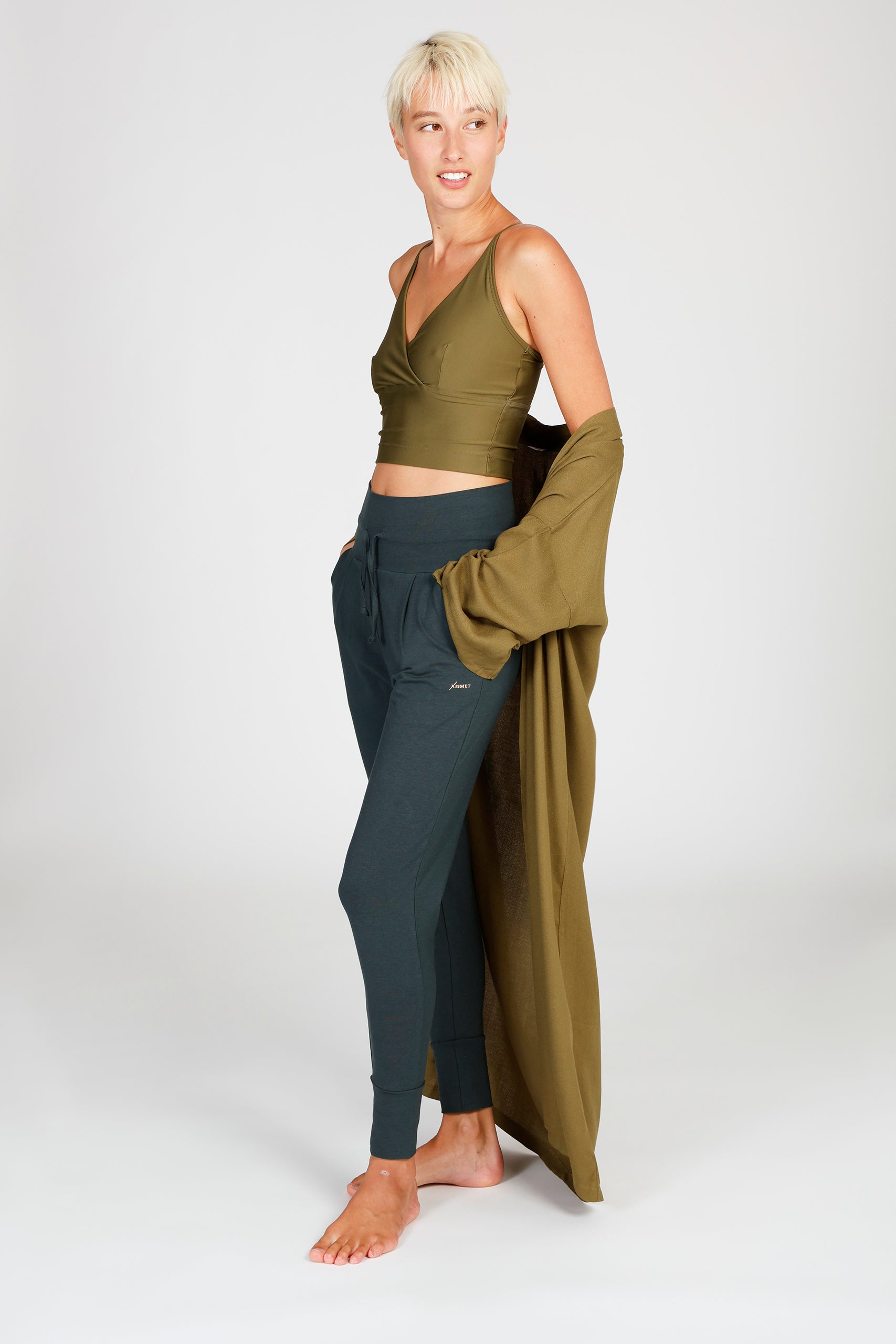 Lux Crop Top Olive Cosy Pants Seaweed Kismet Kimono Olive